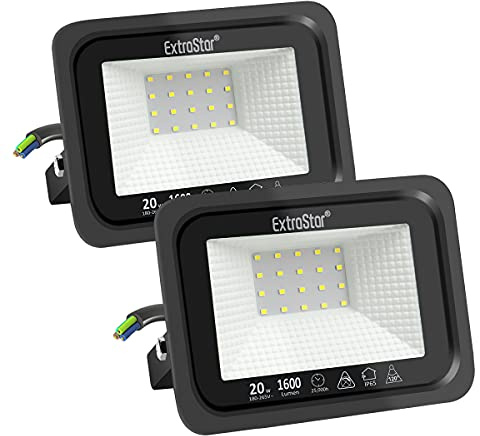 EXTRASTAR Projecteurs LED Extérieur 20W, IP65 Etanche, 1600LM, Spot LED Extérieur, 6500K Blanc Froid, Eclairage de Sécurité, pour Jardin Terrasse Garage Patio Grange Cour, Lot de 2