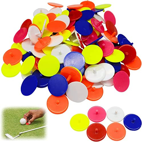 AMRTA Golfball-Marker aus Kunststoff, rund, flach, Positionsmarker für grüne Münzen, Durchmesser 25 mm, gemischte Farben, Golfballmarkierungswerkzeug für Männer und Frauen, 100 Stück