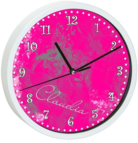 CreaDesign, Wanduhr für Kinderzimmer Traum pink, Kinderuhr weiß mit Quarz Uhrwerk, personalisiert mit Name, Durchmesser 19,5 cm
