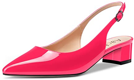 Aachcol Donna Slingback Chunky Blocco Basso Tacco Heel Pumps a Punta Cinturino alla Caviglia Sandali Dress Scarpe Feste Ufficio da Matrimonio Magenta Rosso Verniciata 3.5 CM 37 EU