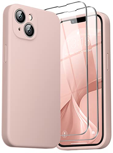 GOODVISH 3 in 1 Cover in Silicone per iPhone 14 6,1'' (2022), con 2 Pezzi di Pellicola Protettiva, Custodia per Cellulare Ultra Sottile Antiurto Resistente Protezione Fotocamera, Rosa Sabbia