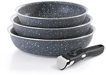 Qulinart by Brandt - Batterie de Cuisine à Induction 4 Pièces - Set de 3 Poêles en Aluminium Anti-Adhésives 20, 24 et 28 cm avec Poignée Amovible - Lot pour Tout Feu - Gris Marbre