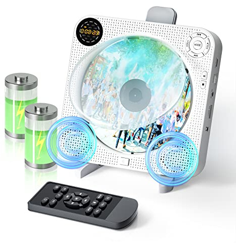 Lettore CD Bluetooth, lettore CD portatile ricaricabile per montaggio a parete con altoparlanti HiFi, lettore CD Discman con telecomando, radio FM copertura antipolvere schermo LED porta USB e AUX