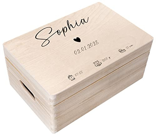 Creative Deco Erinnerungsbox Baby Personalisiert Herz mit Namen 30x20x14 cm | Individuelle Erinnerungskiste Geschenk zur Geburt für Mädchen und Jungen | Holzkiste mit Deckel | Farbdruck