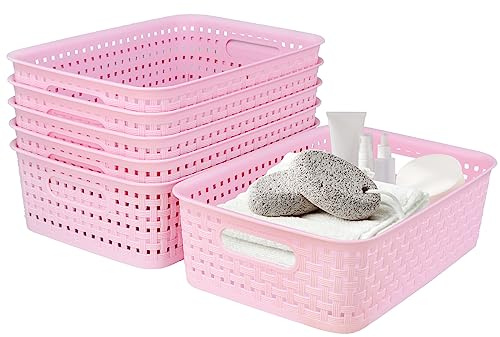 Plastic Storage Baskets, Small Pantry Baskets for Organizing, Woven Basket Organizer Basket Bins for Shelves, Organizer and Storage for Bathroom, Bedrooms, Kitchens (Pink 6pcs)