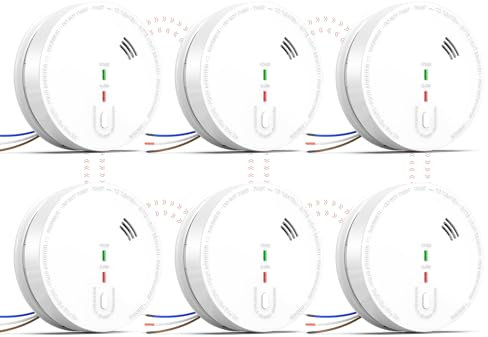 Andyssey GS517A Wired Smoke Alarm Mains powered, Interlinked Mains Smoke Detector 1 Year Replaceable Battery Back-up, Fire Alarm with Silence Button, EN 14604 Standard (6-PACK)