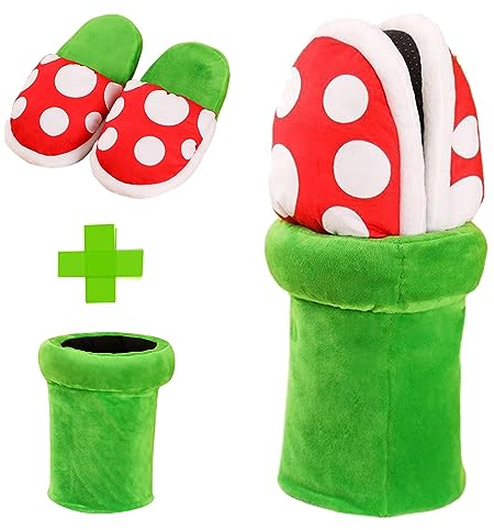 Flossty Chaussons en peluche - Pour la maison - Motif à pois - Avec pipe - Taille unique 37-42 EU pour adultes, Vert/rouge, Taille unique