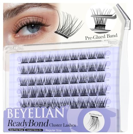 BEYELIAN Cluster Lashes Self Adhesive Eyelashes, 60 Pcs D+ Curl Pre Glued Eyelashes ReadyBond Lashes 10-16mm Mixed DIY Press on Cluster Eyelash Extensions at Home (R01)