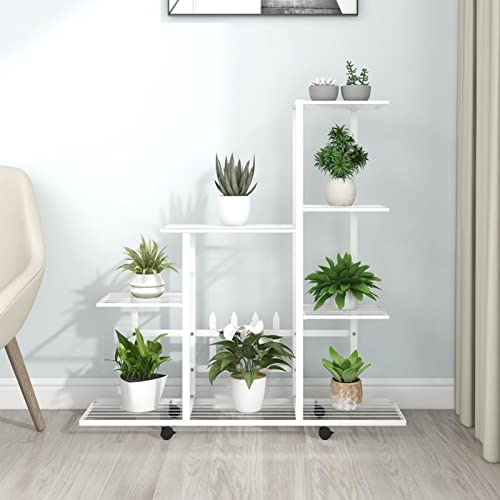 TANZEM Blumenständer auf Rollen, Pflanzenständer, Pflanzenregal, Blumentreppe, Blumenleiter, Kräuterleiter, Pflanzenleiter, 94,5x25x92,5 cm Weiß Metall