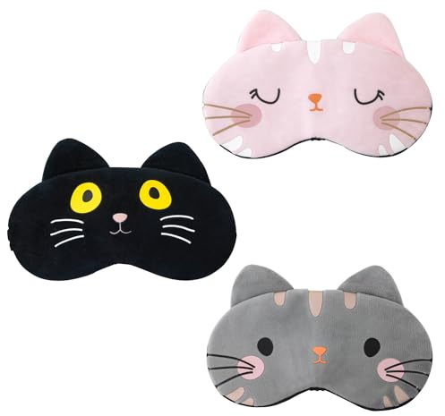3 Stück Schlafmaske Kinder, Cartoon Katze Schlafmaske mit Verstellbaren Trägern, 3D Süße Cartoon Katze Schlafmaske, Blackout Cartoon Augenmaske für Kinder Mädchen Damen