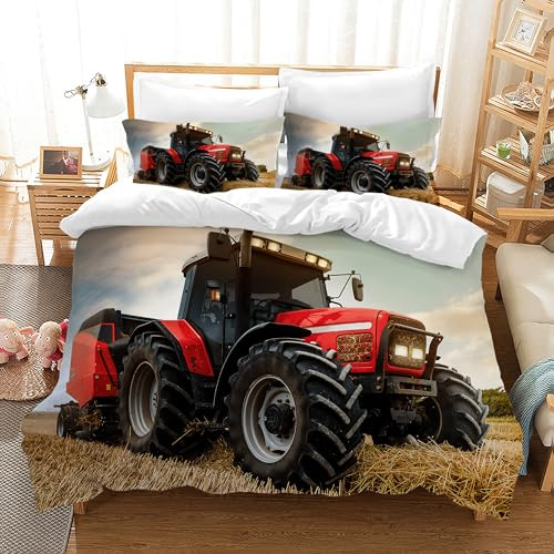 LLTTEER 3D Traktor Bettwäsche Set,3-teilig Traktor kinderbettwäsche mit Reißverschluss und 2 Kissenbezug 65x65cm, Mikrofaser Bettbezüge, für Kinder Jugendliche Jungen (Tractor 02, 220 x 240 cm)
