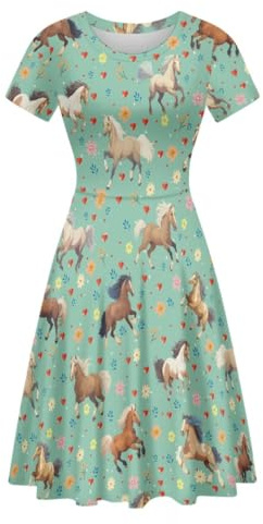 ENLACHIC Lässiges Damen-T-Shirt-Kleid mit Tier-Blumendruck, kurzärmelig, A-Linie, Swing-T-Shirt-Kleid, Übergröße, Pferd Floral, Groß