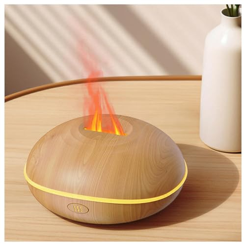 Diffuser Flammeneffekt mit 7 Flammen Effekt, 200ml Stumm Duftdiffusor mit Wasserlose Abschaltautomatik für Zuhause Schlafzimmer Yoga Büro,Wood-Grain