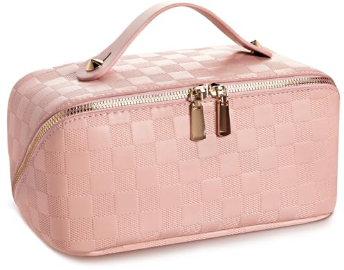 Abiudeng Kosmetiktasche Set,Kulturbeutel-Damen,Kulturtasche,Reise Make up Tasche,Kosmetiktasche,Groß Makeup Bag,Wasserdicht Schminktasche mit Fächern,PU Leder für Frauen,2 Pcs-B-Rosa