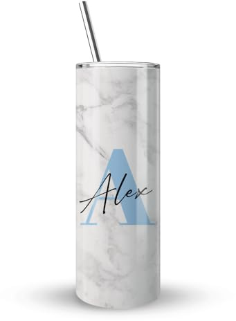 Getagift Personalised Initial with Name, Marble Alphabet Tumbler, 20 OZ Stainless Steel Skinny Tumbler, Double Walled Vacuum Insulated with Closed Lid and Metal Straw.