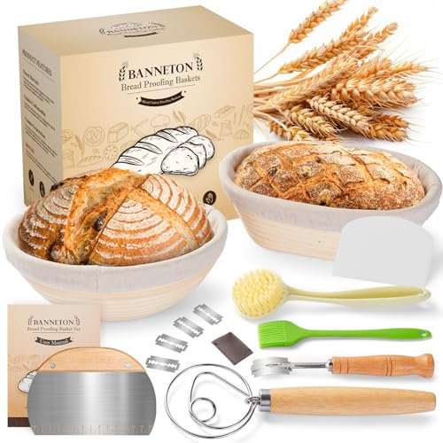 Banneton Bread Proofing Basket - Sourdough Starter Kit Banneton Sourdough Proofing Basket Set of 2, Sourdough Bread Baking Supplies for Making Baking Fermentation (9 Round & 10 Oval, 6 Accessories)
