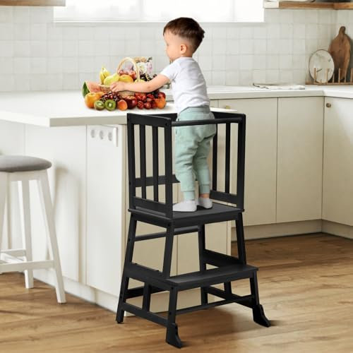 COSYLAND Lernturm ab 1 Jahr - inkl. Montagezubehör - Montessori Lernturm aus FSC Bambus (bis zu 70kg belastbar) - Schwarz