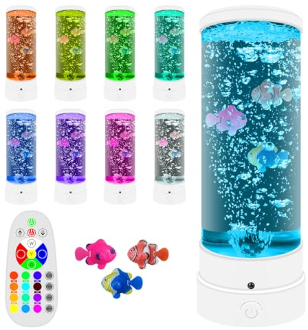 ALEENFOON Lámpara de Lava de Colores pez Artificial con Control Remoto, Acuario Tanque de pez Luz Sensorial Lámpara de Mesa USB Fantasia, 16 Colores Lámpara de Lava Peces para Niños