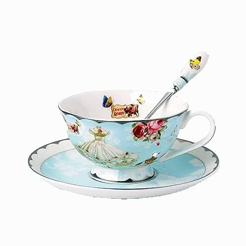 Pfedxoon Lot de 3 tasses à thé en porcelaine anglaise avec soucoupe et cuillère (240 ml), tasses à cappuccino, tasses à café, tasses à thé, service à thé britannique, service à thé en porcelaine,