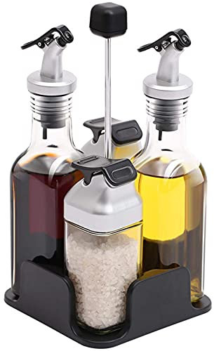 ABNNHK Salz- und Pfefferflasche, Essig- und Ölflasche, Essig-Menage-Set mit Halter – Edelstahl und Glas – 5-teilig – Stil 1 (Stil 1)