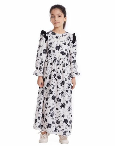 Mädchen-Langarm-Blumenkleid, lässige Blumen-Bedruckte Kleider, Kinder-Kleid mit Bindegürtel, Maxikleid Jogginganzug Kinder 92 (Black, 11-12 Years)