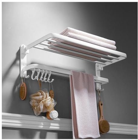 Generisch handtuchständer Vintage-Aufbewahrungsregal mit doppeltem Handtuchhalter und 5 Haken für Badezimmerdekoration Wandmontage Heim-Organizer (weiß 53 cm)