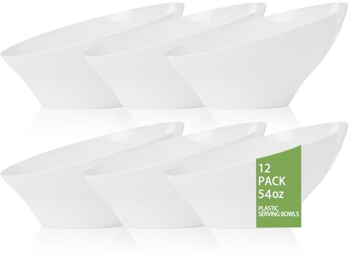 bUCLA 12 Pack White Plastic Serving Bowls - 54 OZ Angled Table Salad and Fruit Bowls Disposable for Chip&Candy - Ideal for Party & Wedding