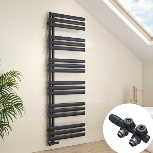 EMKE Ovaler Badheizkörper mit Multiblock 1740x600 mm, Handtuchheizkörper mit Seitenanschluss, Handtuchtrockner & Handtuch Heizkörper Bad in Anthrazit 832W