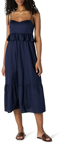 Amazon Essentials Vestido Largo Entallado y Escote Corazón con Vuelo con Capas de Satén de Algodón con Cintura de Corte Imperio Mujer, Azul Marino, M