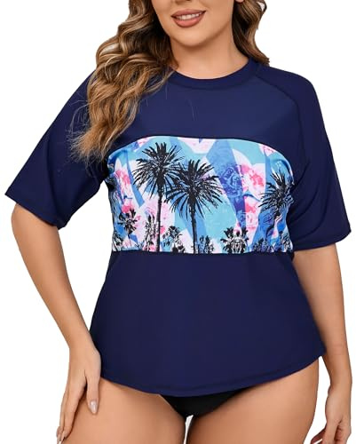 Halcurt Maglietta da nuoto da donna, taglie forti, UPF 50+, protezione solare UV, ad asciugatura rapida, 1X 4X, Blu/Palme, 4XL plus