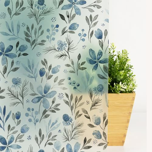 Milchglasfolie Graue Blaue Blätter Fensterfolie Selbstklebend Milchglasfolie Fenster Bad Fenster Sichtschutzfolie Fensterfolie Blickdicht Folie für Fenster Folie Fenster Sichtschutz 40x120cm/3 Pcs