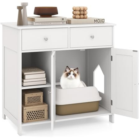COSTWAY Meuble Litiere Chat en Bois, Maison pour Chat 3 en 1, 2 Portes et 2 Tiroirs, Kits Anti-basculement, Maison de Toilette Chat, Entrée Latérale, Etagères Ouvertes, 80 × 51 × 78 cm, Blanc