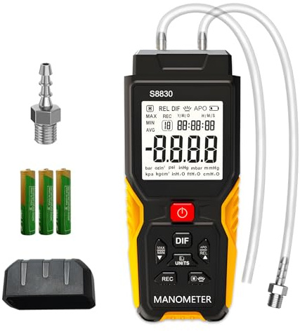 Manometro Digitale Differenziale ± 36,80 KPa, 0,1 Risoluzione 12 Unità, HVAC Dual Port Tester di Pressione Differenziale del Gas Professionale con Allarme di Sovrapressione e Memoria Dati