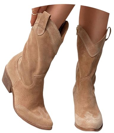 LDXEQIZ Botines De Ante Medias Botas Elegantes De Mujer con Tacón Cuadrado Booties Sin Cordones Retro Estilo Western Ankle Boots Cowboy Zapatos De Tobillo con Punta Puntiaguda(Brown,37 EU)