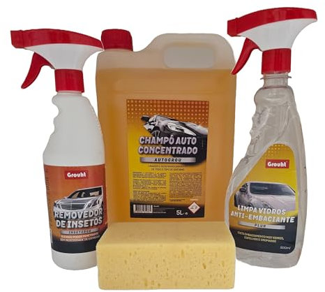Kit Limpieza Coche: Champú Coche Concentrado 5L + Limpiacristales Antivaho 500ml + Eliminador Insectos 500ml - Pack Detailing para Limpieza Exterior Completa