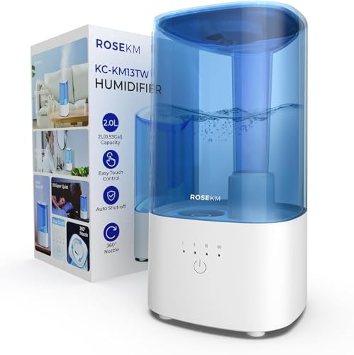 ROSEKM Luftbefeuchter Schlafzimmer, Kaltnebel Ultraschall Humidifier, 2 L | Ultraschall-Raumbefeuchter für Pflanzen und Kinderzimmer: 360°-Düse, Kühler Nebel, Auto Shut-off, Touch-Steuerung, Schwarz