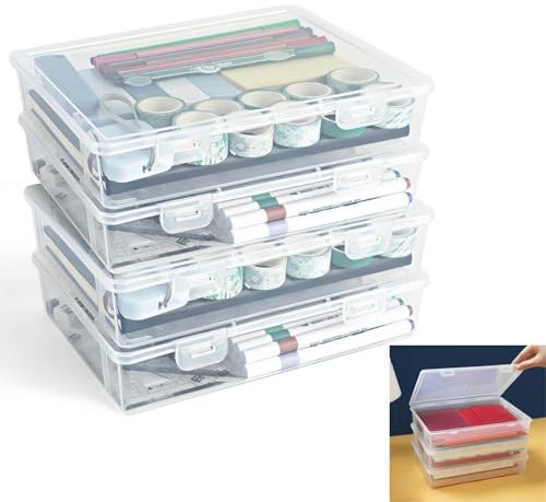MHwan Cajas Almacenaje Plastico, 4 Piezas Cajas de Plastico con Tapa Apilables, Resistentes y Duraderas, Sin BPA, para Material de Oficina, Manualidades, Piezas, Fotos (23 x 17 x 5 cm)