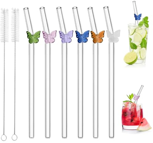 6 Cannucce in Vetro Riutilizzabili, Cannucce in Vetro Curve, con Spazzole per La Pulizia Di Succhi, Cocktail, Frullati, Caffè, Latte (Farfalla)