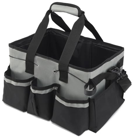 Gevvnss Cleaning Caddy Bag with Handle,Large Cleaning Tote Bag with Detachable Divider,Oxford Cleaning Caddy Organiser for Housekeepers,Janitors,Car Detailing,Commercial Cleaning,Black Grey