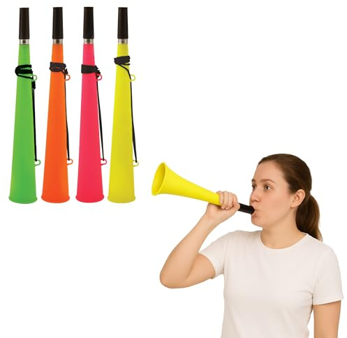 Adult Neon Woofer Horn with String – Loud Plastic Stadium Trumpet, Noise Maker Vuvuzela for Football, Sports, Cheer, Party Favours – Assorted Colours (Assorted, 4, Pack)-For Adul Use Only