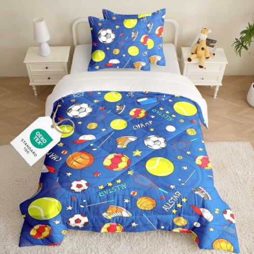 CINYE Kinder Bettdecke 140×200 Set-Bälle Ganzjahresdecke für Jungen-4 Jahreszeiten Bettdecken Mit 2 Kissenbezugs 65×65 cm-Weiche Microfaser Steppdecke