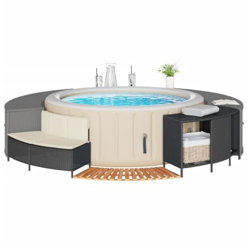 ChicAbode Whirlpool-Umrandung Schwarz Poly-Rattan und Massivholz Akazie Schwimmbecken Poolumrandung