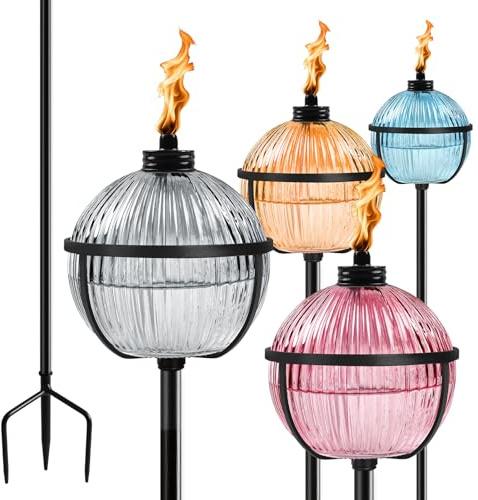 XINWXSS Citronella Torches Set of 4, Large Capacity 16 oz Outdoor Glass Torch Garden Décor，58.6 - Inch Upgraded Citronella Torches with 3-Prong Grounded Stake for Yard, Patio, Gatherin