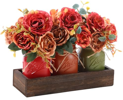 Capoda 3 Pcs Fall Mason Jar Centerpiece Table Decorations Farmhouse Coffee Table Decor with Wood Tray Autumn Centerpieces for Dining Room Living Kitchen Bathroom Thanksgiving Decorations