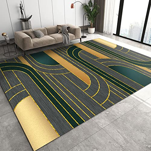 Geometric Non-Slip Rug 70x140 cm - Modern Dark Gold Lines Carpet, Stylish Soundproofing for Living Room, Stairs & Hallways, Durable Area Rug for Home Décor
