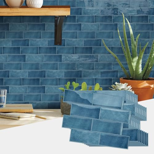 indabyo 10 Sheets Marble Effect Tile Stickers Stick on Tiles Backsplash | Kitchen Bathroom Wall Self Adhesive Vinyl Waterproof Peel and Stick Tile Covers Decals (Blue)
