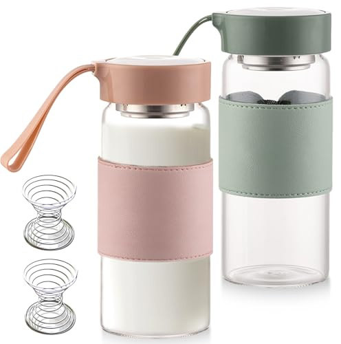 Lot de 2 shakers protéinés en verre de qualité supérieure - 500 ml - Sans BPA - Shaker durable en verre - Goût neutre et anti-fuite - Pour les protéines et le sport (vert et rose)