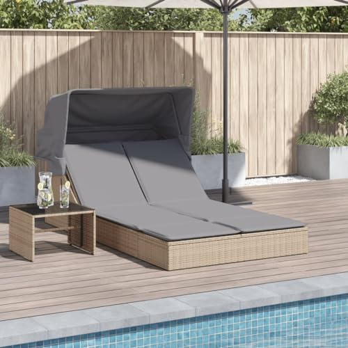 QUAHEAS Doppel-Sonnenliege mit Dach, Beige Poly Rattan, verstellbare Rückenlehne, UV-beständig, wetterfest, für Garten & Terrasse, inklusive Kissen