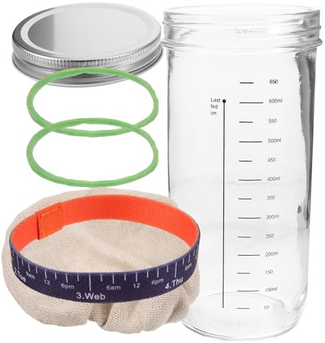 TOGEVAL Barattolo di Lievito Madre in Vetro da 730Ml Coperchio Sigillato e Bilancia Integrata Contenitore per Fermentazione Naturale Copertura Traspirante per Conservazione e