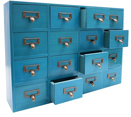 BJTDLLX Armario farmacéutico vintage con 16 cajones para escritorio, organizador de madera, armario farmacéutico con cajones y asas, caja de almacenamiento para joyas, hierbas, 50,5 x 9,5 x 35 cm